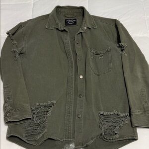 American Bazi Olive Distressed Jean Jacket